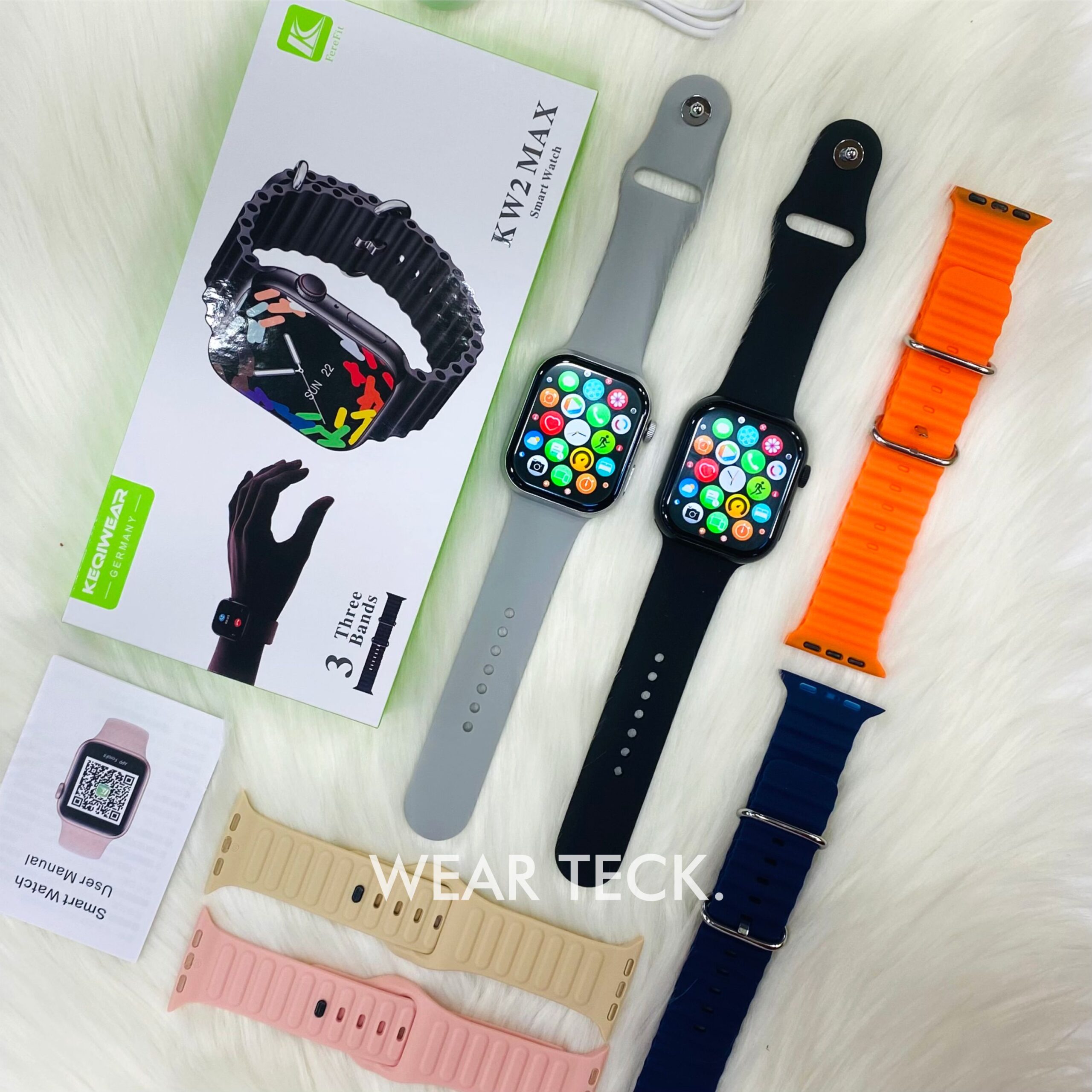 2 KW2 Max Smart Watch with 3 Pairs of Straps