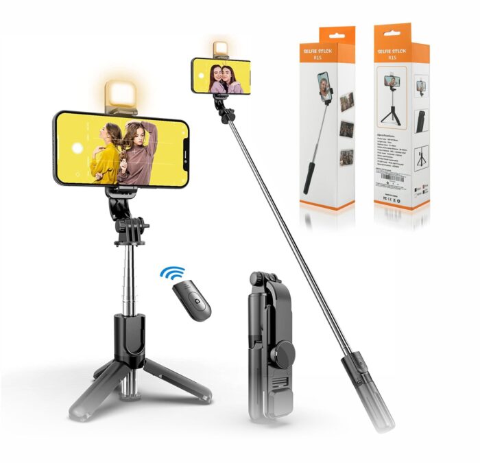 R1S Selfie Stick Tripod with Light | Best Bluetooth Wireless Selfie Stick Built in Tripod Stand | Fixed & Foldable