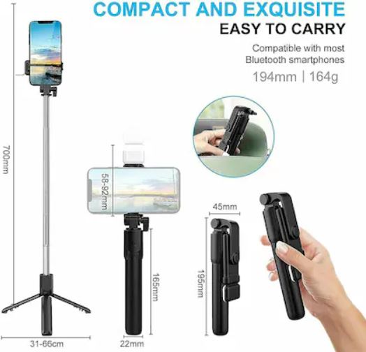 R1S Selfie Stick Tripod with Light | Best Bluetooth Wireless Selfie Stick Built in Tripod Stand | Fixed & Foldable