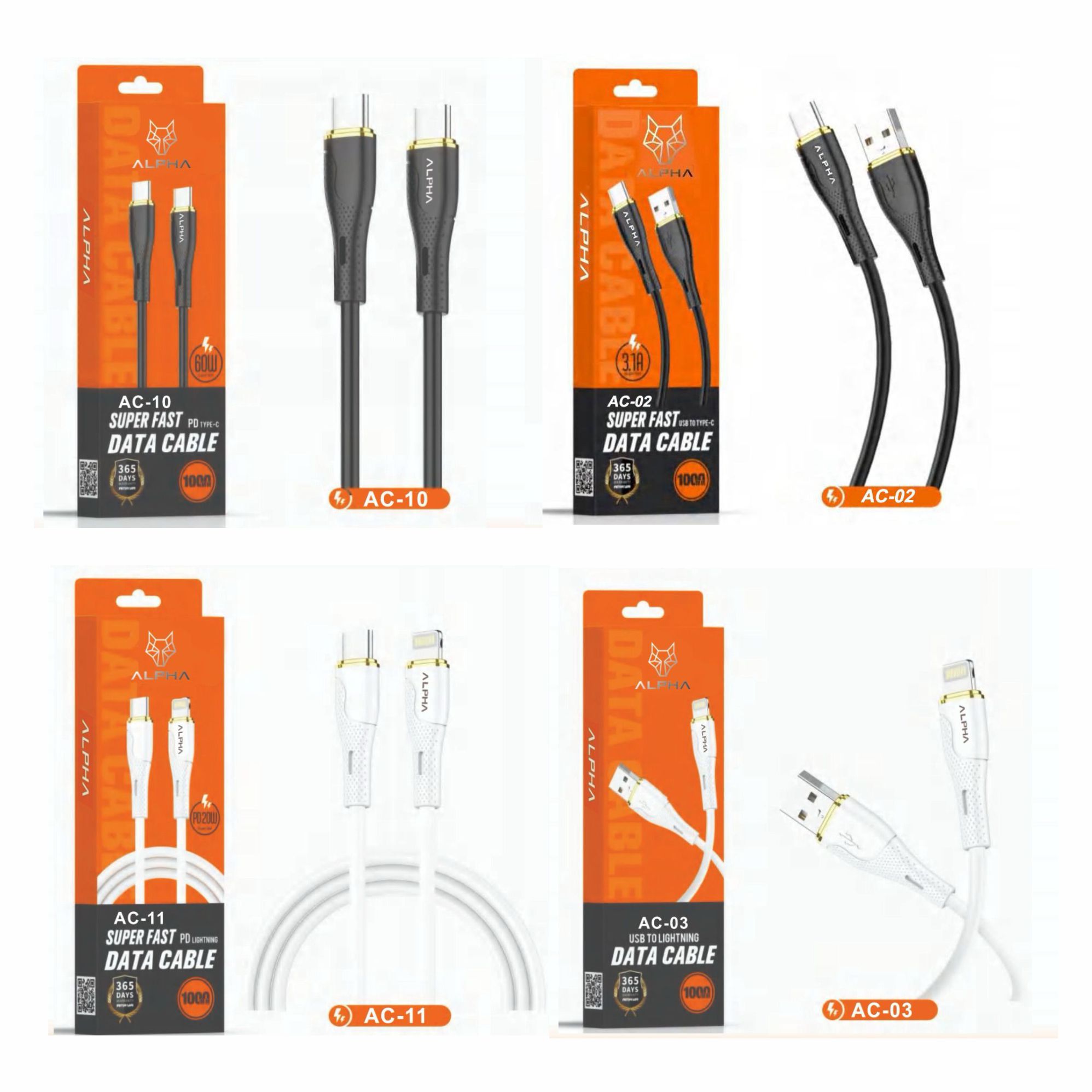 Display Best Quality 100% Original Alpha Mobile Charging & Data Cables | USB to C | USB to Android | Lightening | C to C