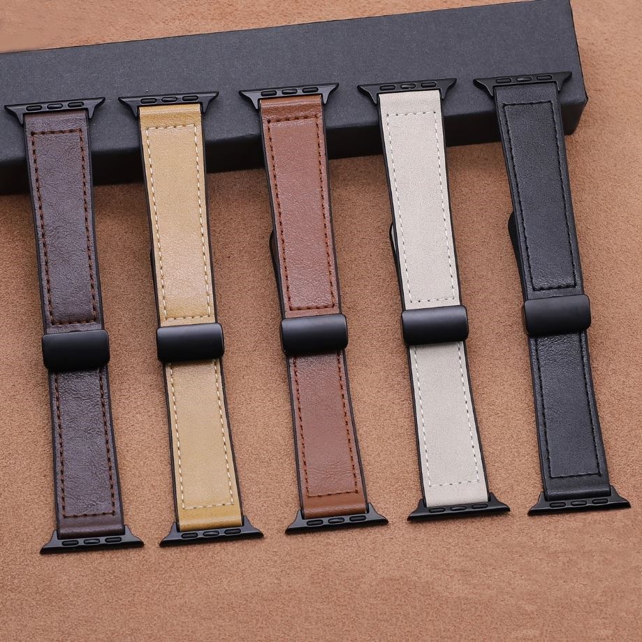 2 Premium Leather Magnetic D-Buckle Straps for Apple Watch Watch 42/44/45/49 mm