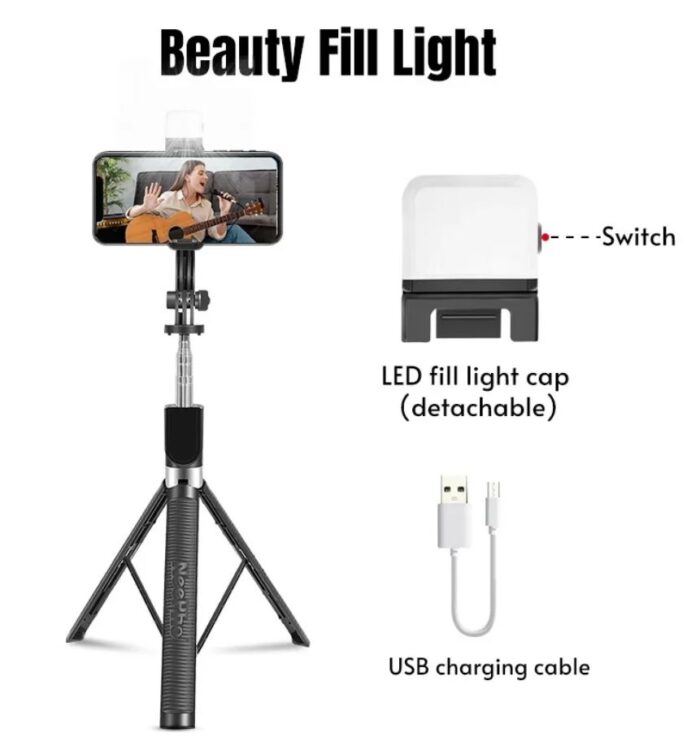 P170S 1.7 Meter Long Selfie Stick Tripod with Flash Light