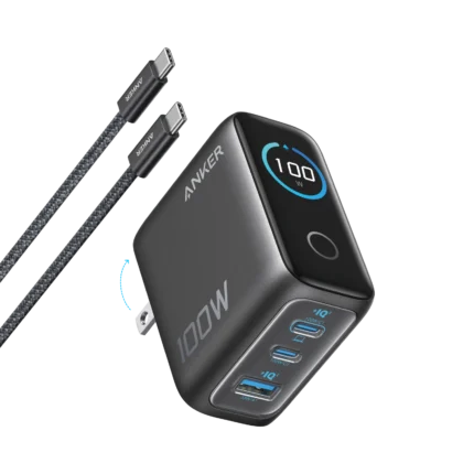 Anker Charger 100W, 3 Ports, Smart Display, with 4.9ft Braided Usb-C to Usb-C Cable, GaN Fast Charger, Dual Usb-C + Usb-A, Smart Display, 100W Max Output, ActiveShield 4.0 Protection, Foldable Plug, Universal Compatibility, 2-Pin (US) - Dark Grey