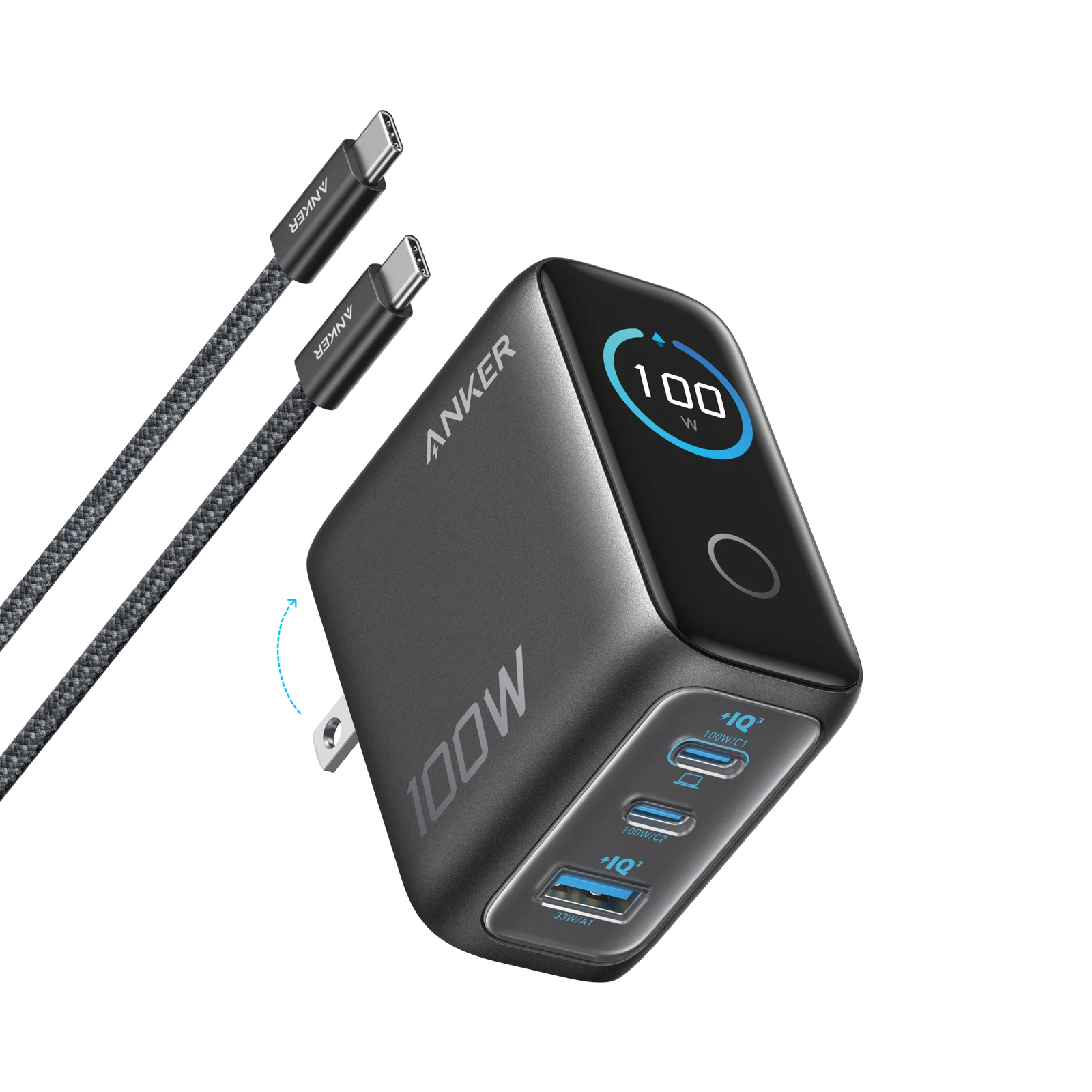 - Anker Charger 100W, 3 Ports, Smart Display, with 4.9ft Braided Usb-C to Usb-C Cable, GaN Fast Charger, Dual Usb-C + Usb-A, Smart Display, 100W Max Output, ActiveShield 4.0 Protection, Foldable Plug, Universal Compatibility, 2-Pin (US) - Dark Grey