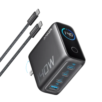 Anker Charger, 140W, 4-Port, PD 3.1 with 5ft BraidedUsb-C to Usb-C Cable, 4- Port Multi-Device Fast Charging, Advanced GaN Power Adapter, Intuitive Touch Controls, Smart Display with Universal Compatibility, Foldable Plug, 2-Pin (US) - Dark Grey