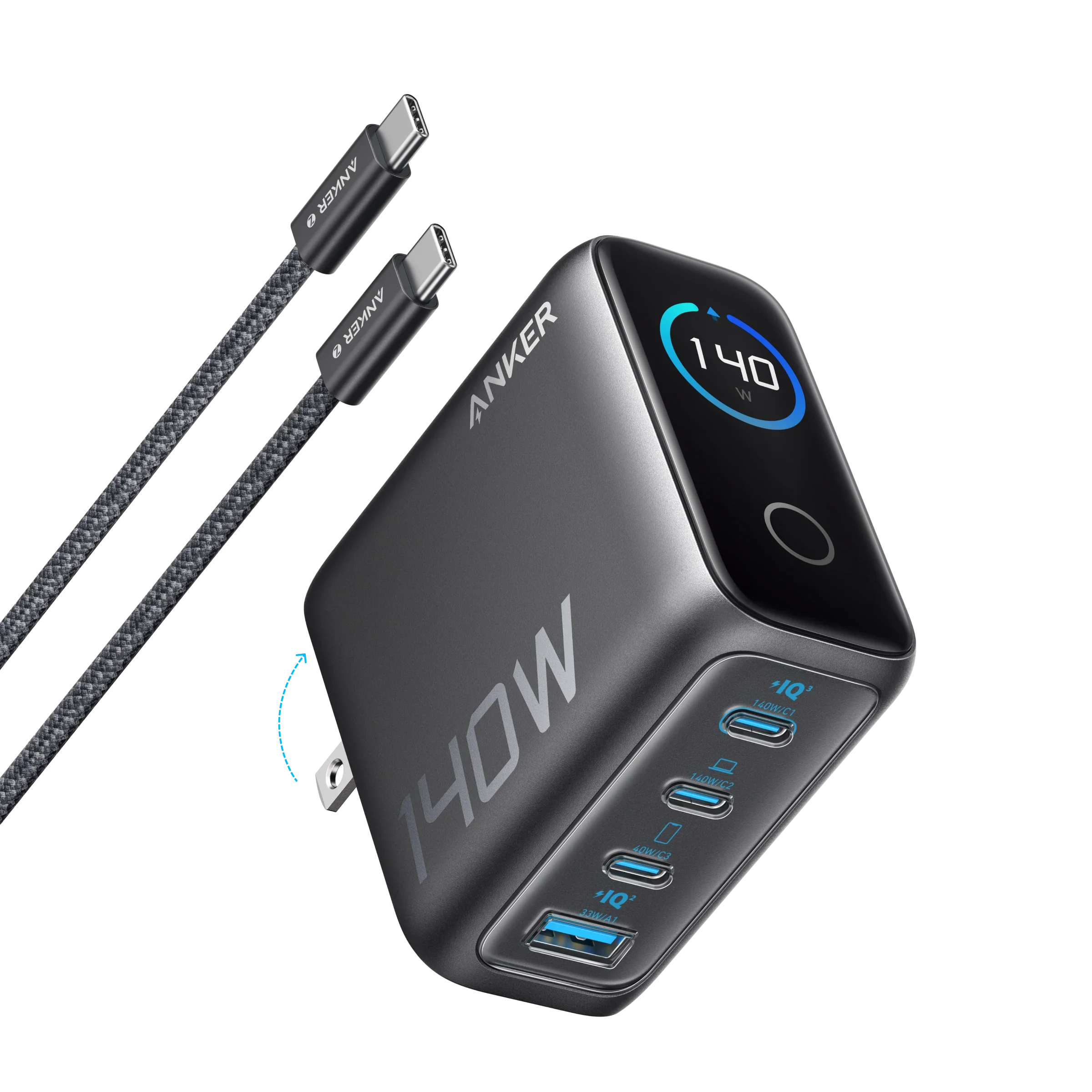 - Anker Charger, 140W, 4-Port, PD 3.1 with 5ft BraidedUsb-C to Usb-C Cable, 4- Port Multi-Device Fast Charging, Advanced GaN Power Adapter, Intuitive Touch Controls, Smart Display with Universal Compatibility, Foldable Plug, 2-Pin (US) - Dark Grey