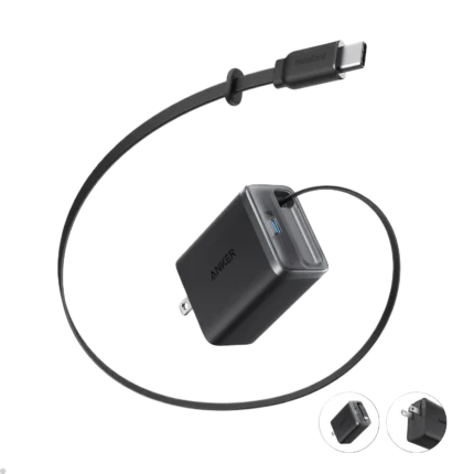 Anker Nano Charger 35w, Built-In Retractable Usb-C Cable, 35W Fast Charging, Dual Usb-C Ports, InstaCord Retractable Cable, ActiveShield 3.0 Protection, GaN Technology, Foldable Plug, 2-Pin (US) - Black