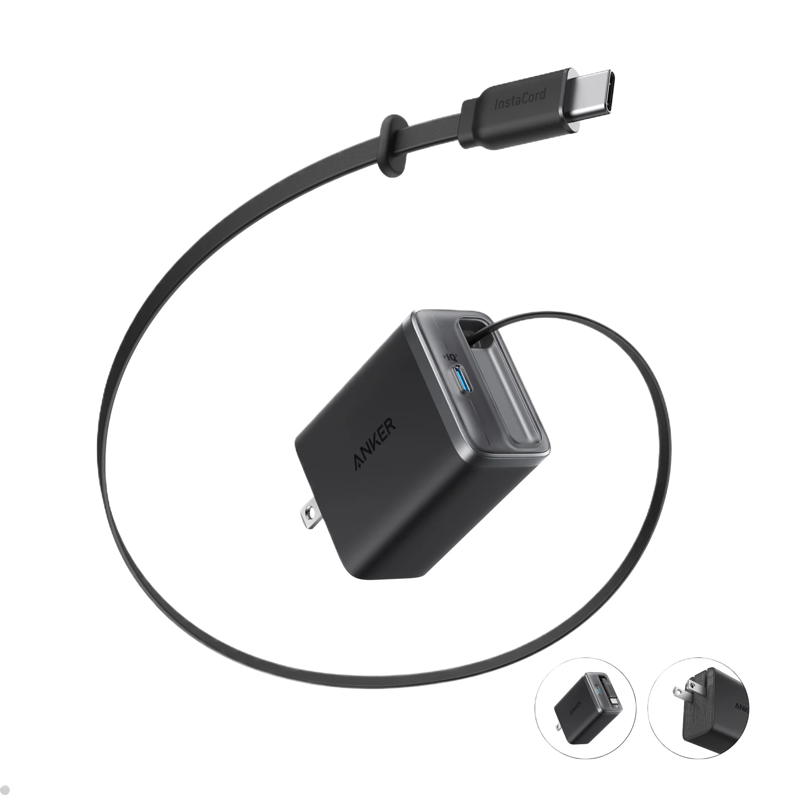 - Anker Nano Charger 35w, Built-In Retractable Usb-C Cable, 35W Fast Charging, Dual Usb-C Ports, InstaCord Retractable Cable, ActiveShield 3.0 Protection, GaN Technology, Foldable Plug, 2-Pin (US) - Black
