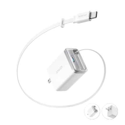 Anker Nano Charger 35w, Built-In Retractable Usb-C Cable, 35W Fast Charging, Dual Usb-C Ports, InstaCord Retractable Cable, ActiveShield 3.0 Protection, GaN Technology, Foldable Plug, 2-Pin (US) - White