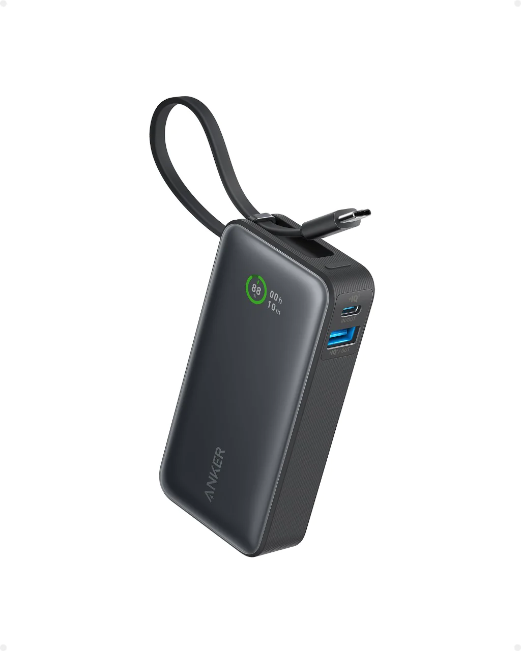 - Anker Nano Power Bank, (10,000mah, 30w Built-In Usb-C Cable) 30W Fast Charging and Recharging, 30W Max Output with 1 Usb-C, 1 Usb-A, Intelligent Display - Black