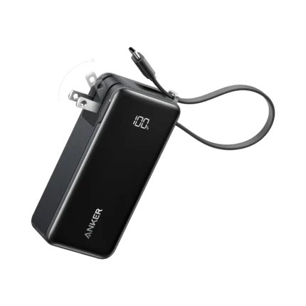 Anker Power Bank (10,000mAh, Fusion, Built-In UsbC Cable), 30W Two-Way Fast Charging, Integrated Wall Charger, Built-In UsB-C Cable, Digital Display, 3in-1 Design, Compact Travel Power Bank, Foldable Plug - Black