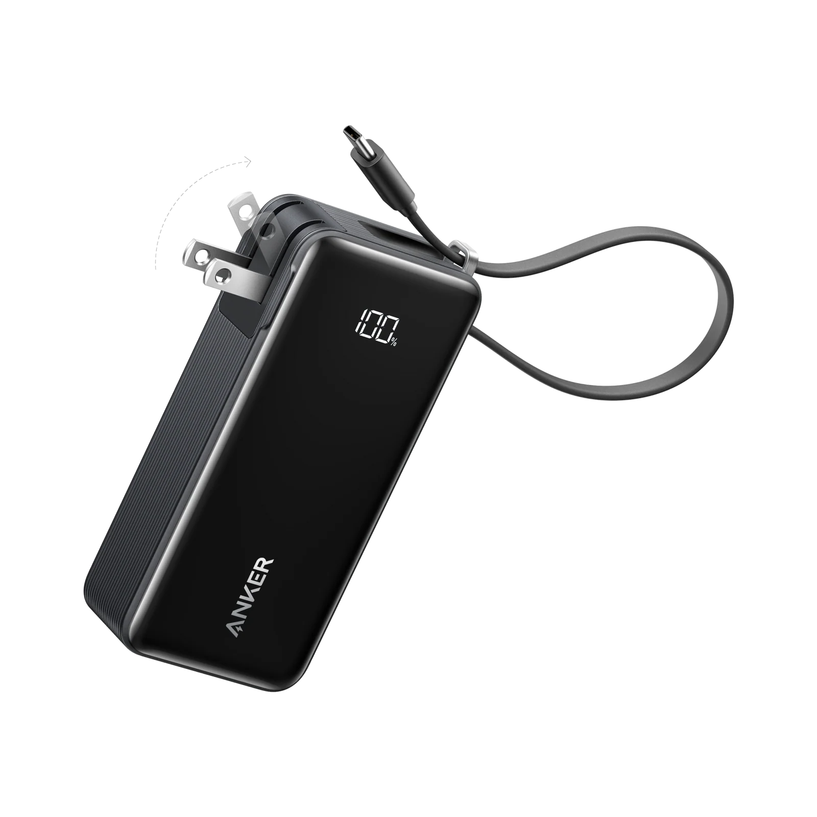 - Anker Power Bank (10,000mAh, Fusion, Built-In UsbC Cable), 30W Two-Way Fast Charging, Integrated Wall Charger, Built-In UsB-C Cable, Digital Display, 3in-1 Design, Compact Travel Power Bank, Foldable Plug - Black