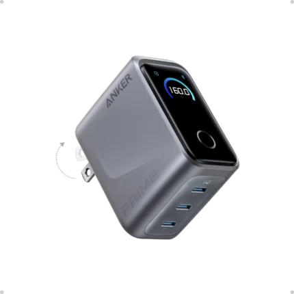 Anker Prime Charger, 160W, 3-Ports, Smart Display, GaN Smart Fast Charger, 3× USB-C Ports, PowerIQ 5.0 Fast Charging, Smart Display with Real-Time Power Monitoring, ActiveShield 4.0 Safety System, Charge 3 Devices Simultaneously, Compact Foldable Design, 2-Pin (US) - Black