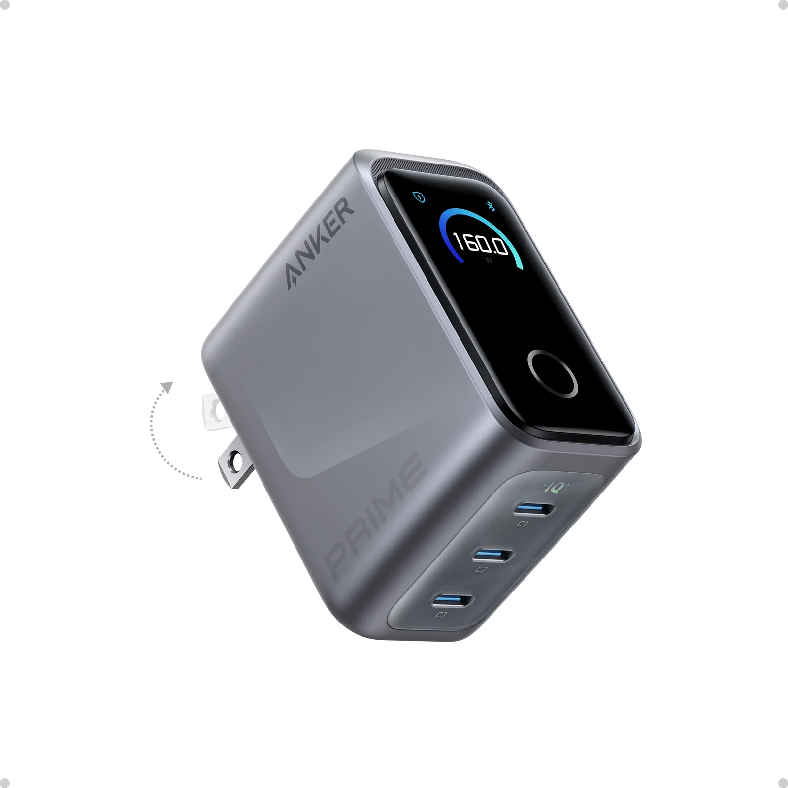 - Anker Prime Charger, 160W, 3-Ports, Smart Display, GaN Smart Fast Charger, 3× USB-C Ports, PowerIQ 5.0 Fast Charging, Smart Display with Real-Time Power Monitoring, ActiveShield 4.0 Safety System, Charge 3 Devices Simultaneously, Compact Foldable Design, 2-Pin (US) - Black
