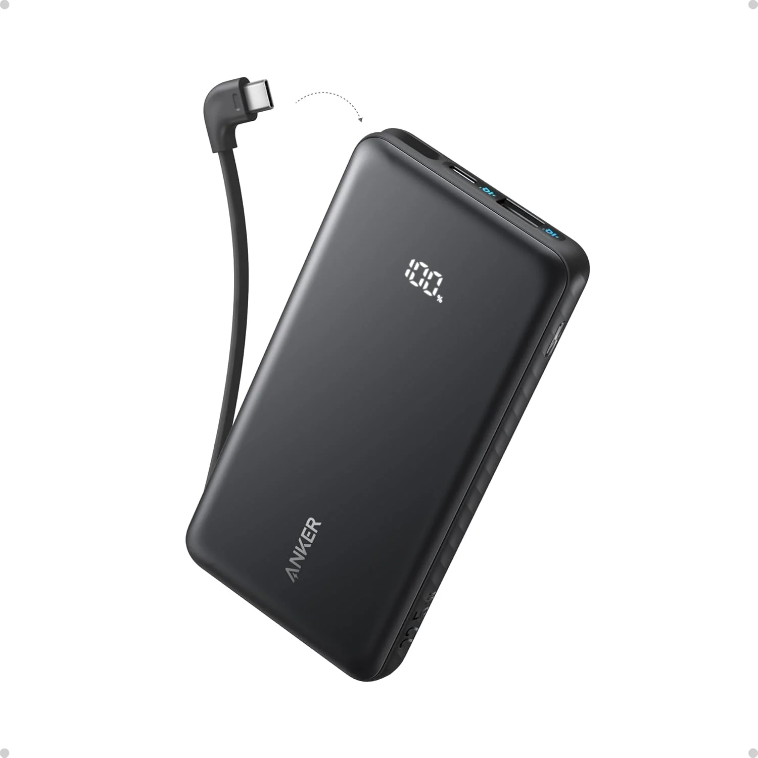 - Anker Zolo Powerbank (20kmah, 22.5w, Built-In UsbC 90° Cable), Charges 3 Devices At Once, Digital Display - Black